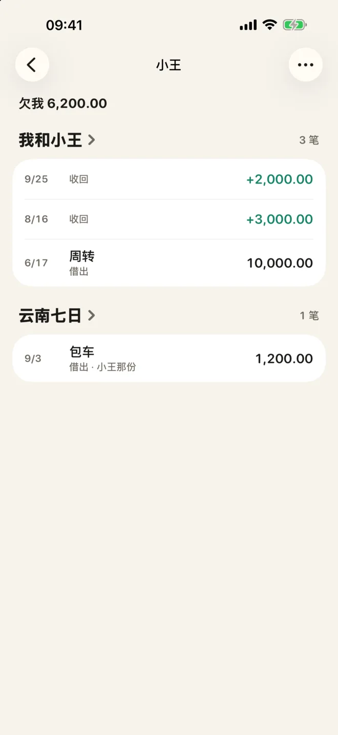 小王的详情页，列出在我和小王、云南七日两本账里的往来